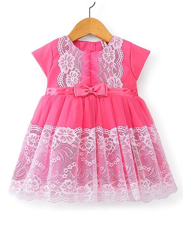 Babyhug Cap Sleeves Lace & Mesh Detailing with Bow Party Frock - Candy Pink