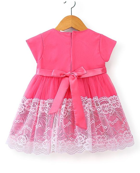 Babyhug Cap Sleeves Lace & Mesh Detailing with Bow Party Frock - Candy Pink