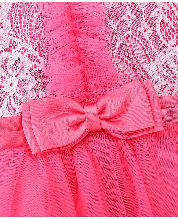 Babyhug Cap Sleeves Lace & Mesh Detailing with Bow Party Frock - Candy Pink