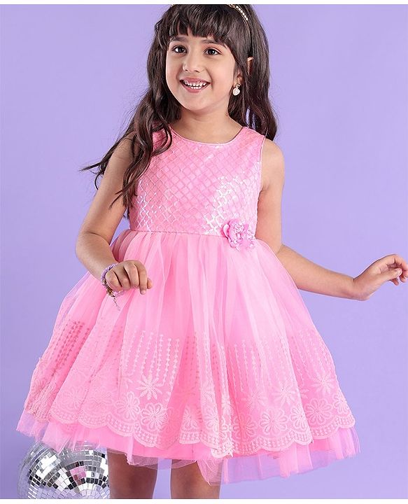 Babyhug Sleeveless Embroidered Party Frock with Sequins Detailing & Floral Applique - Light Pink