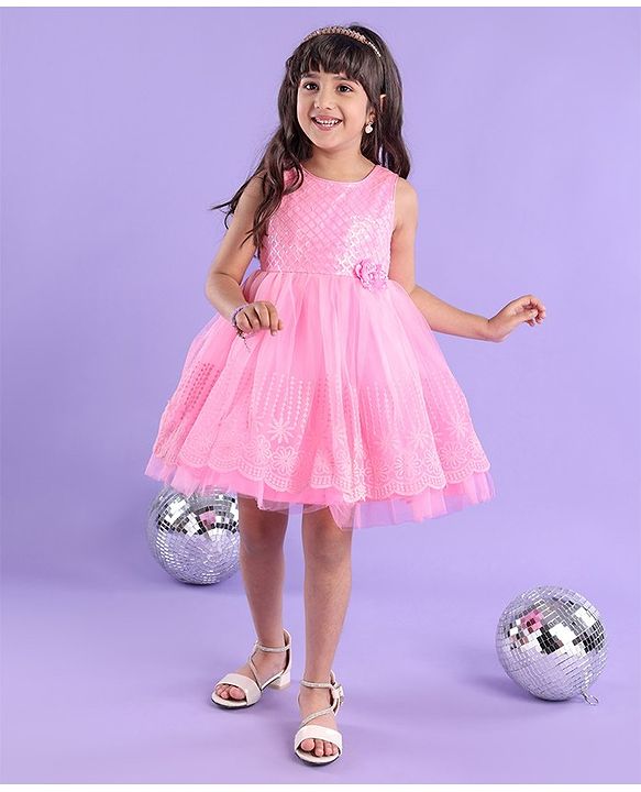 Babyhug Sleeveless Embroidered Party Frock with Sequins Detailing & Floral Applique - Light Pink