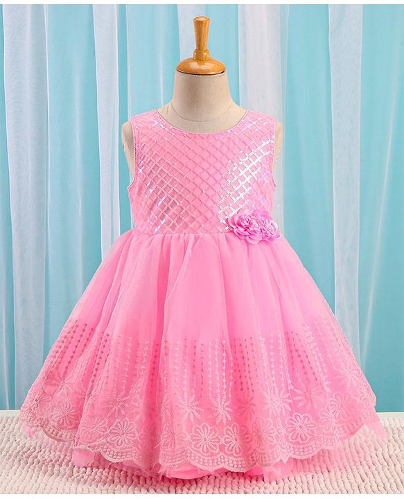 Babyhug Sleeveless Embroidered Party Frock with Sequins Detailing & Floral Applique - Light Pink