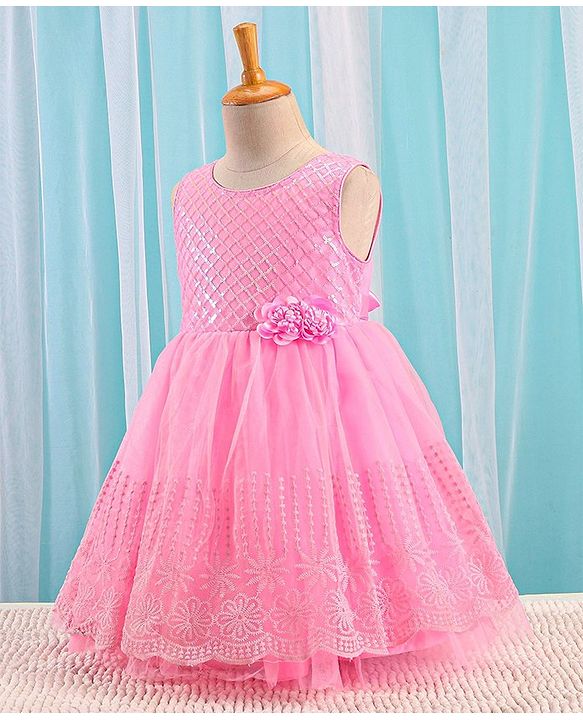 Babyhug Sleeveless Embroidered Party Frock with Sequins Detailing & Floral Applique - Light Pink