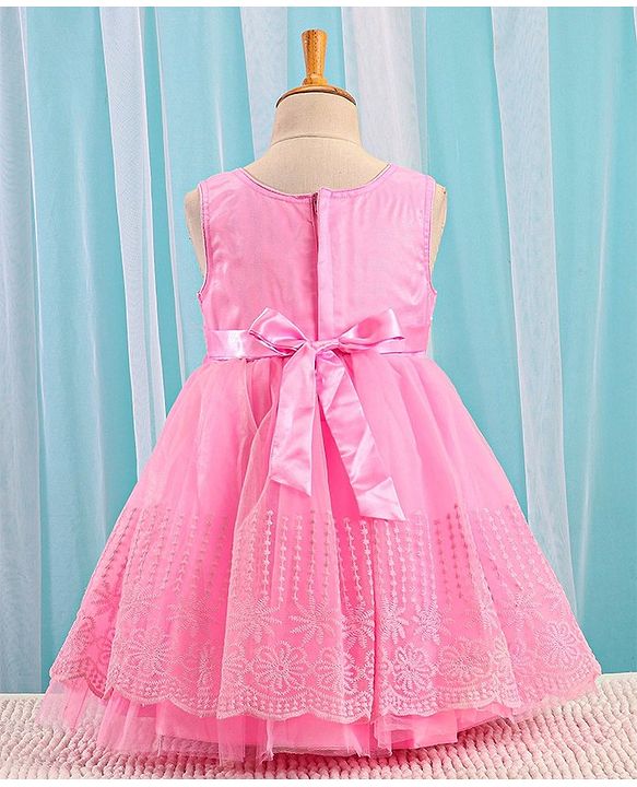 Babyhug Sleeveless Embroidered Party Frock with Sequins Detailing & Floral Applique - Light Pink