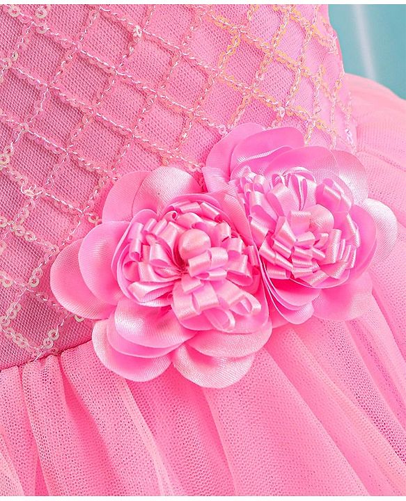 Babyhug Sleeveless Embroidered Party Frock with Sequins Detailing & Floral Applique - Light Pink