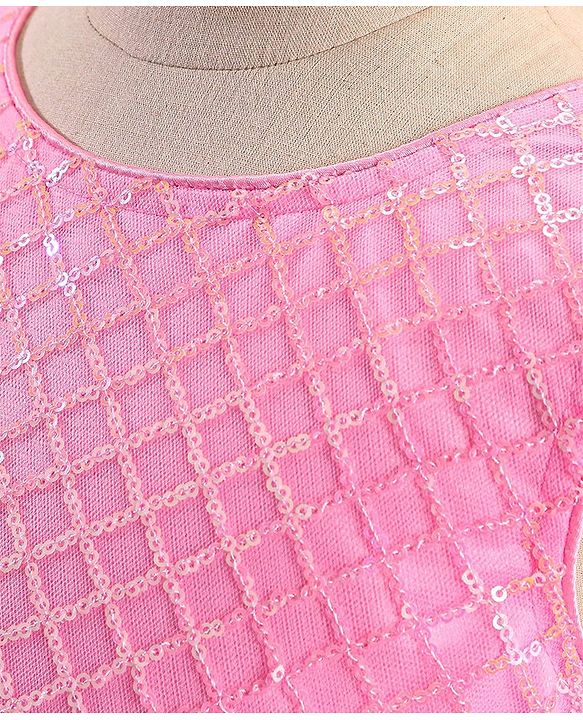Babyhug Sleeveless Embroidered Party Frock with Sequins Detailing & Floral Applique - Light Pink