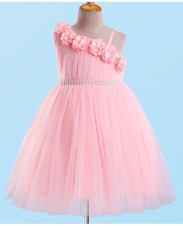 Babyhug Sleeveless Mesh Flared Party Frock  With Floral Corsage - Pink