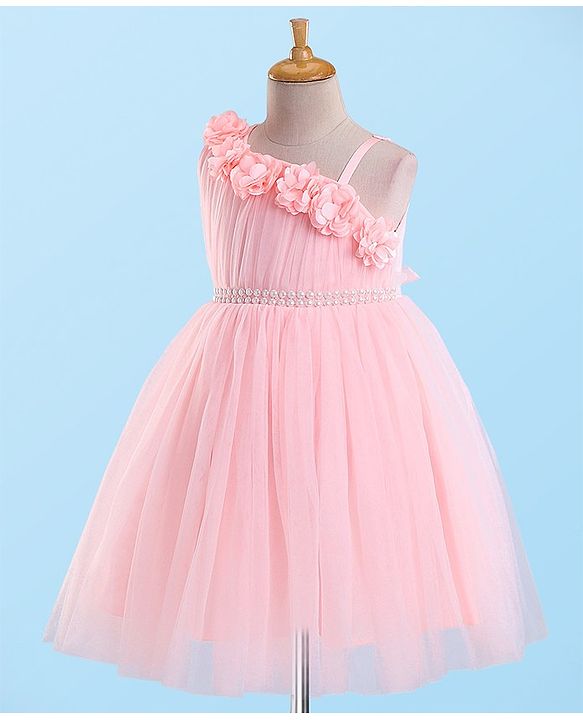 Babyhug Sleeveless Mesh Flared Party Frock  With Floral Corsage - Pink