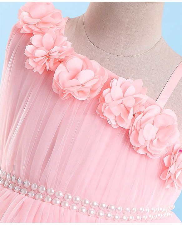 Babyhug Sleeveless Mesh Flared Party Frock  With Floral Corsage - Pink