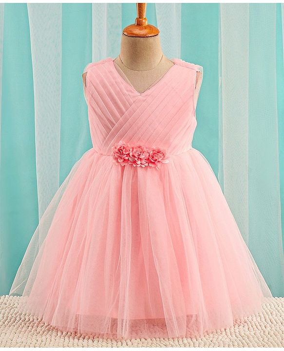 Babyhug Sleeveless Mesh Party Dress With Floral Corsage - Peach
