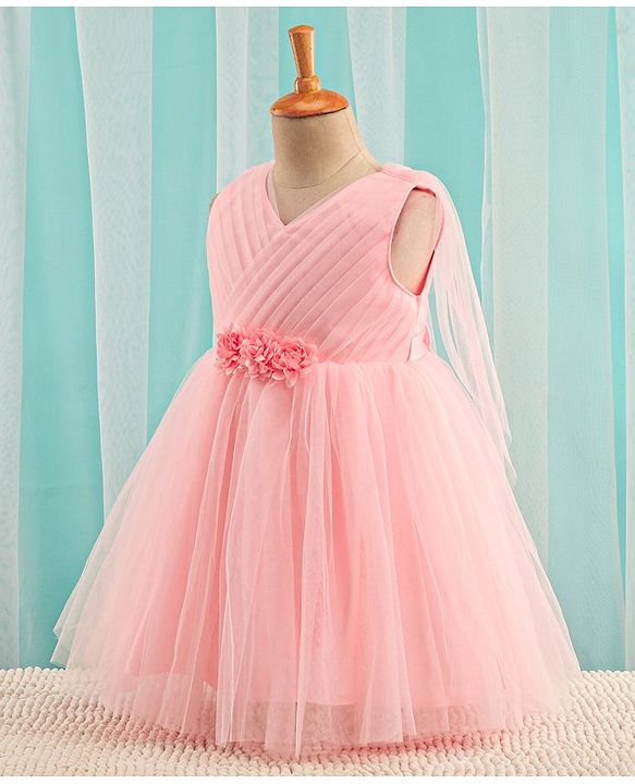 Babyhug Sleeveless Mesh Party Dress With Floral Corsage - Peach