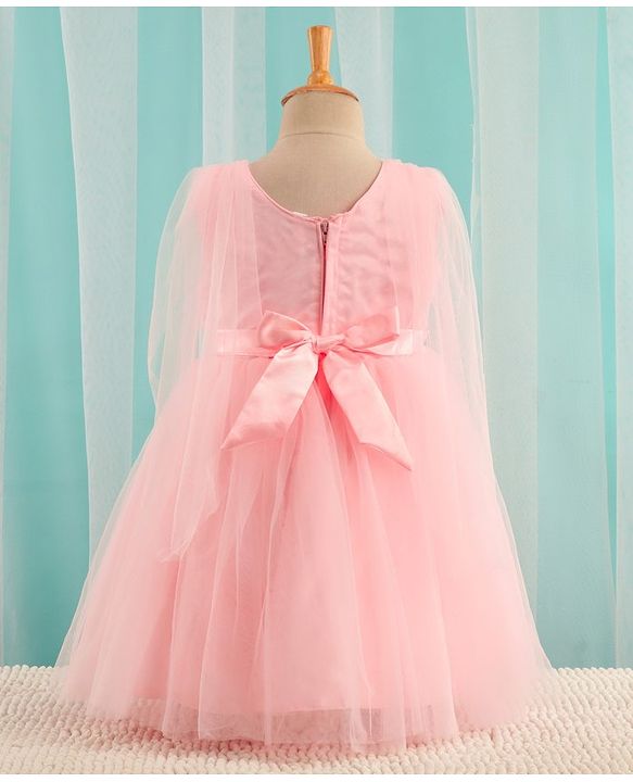 Babyhug Sleeveless Mesh Party Dress With Floral Corsage - Peach