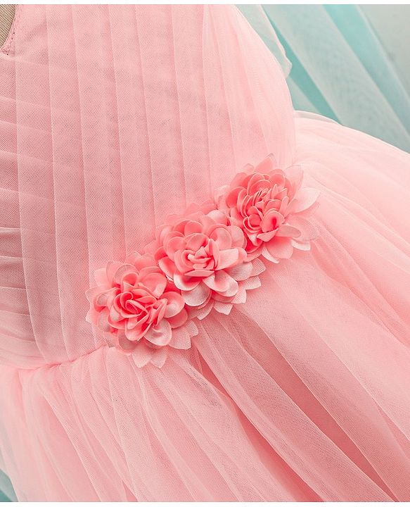 Babyhug Sleeveless Mesh Party Dress With Floral Corsage - Peach