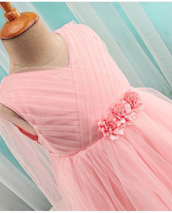 Babyhug Sleeveless Mesh Party Dress With Floral Corsage - Peach