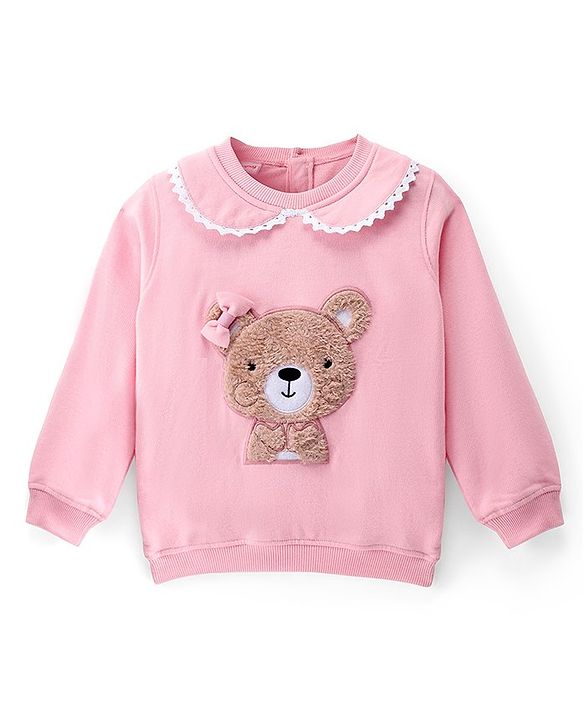 Babyhug Cotton Knit Full Sleeves Lace Peter-Pan Collar Sweatshirt with Fur Bear Detailing - Pink