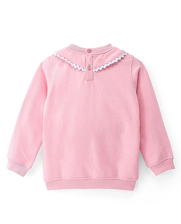 Babyhug Cotton Knit Full Sleeves Lace Peter-Pan Collar Sweatshirt with Fur Bear Detailing - Pink