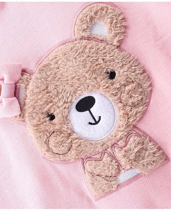 Babyhug Cotton Knit Full Sleeves Lace Peter-Pan Collar Sweatshirt with Fur Bear Detailing - Pink