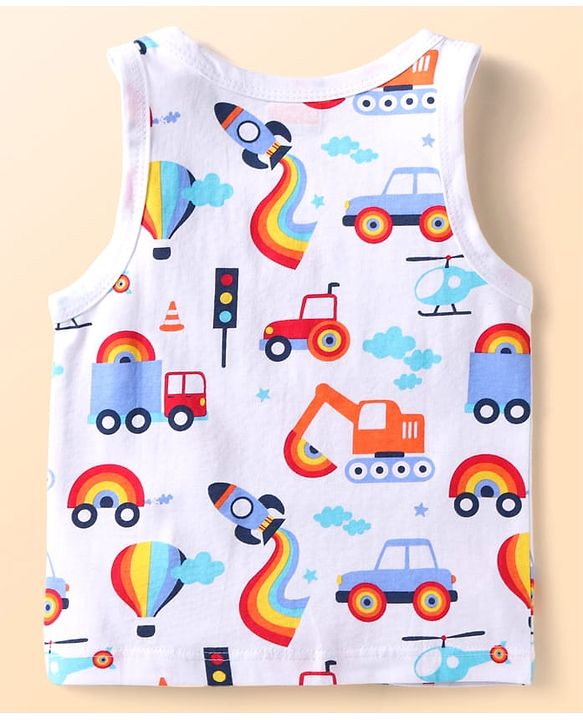 Babyhug 100% Cotton Knit Sleeveless Sando Tractors Print Pack of 3 - Multicolour