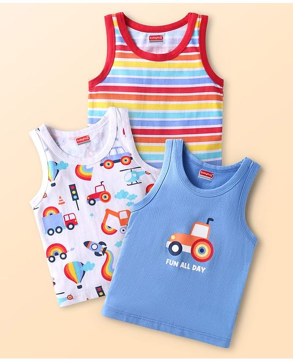 Babyhug 100% Cotton Knit Sleeveless Sando Tractors Print Pack of 3 - Multicolour