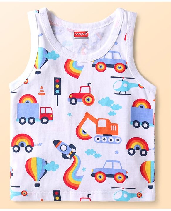 Babyhug 100% Cotton Knit Sleeveless Sando Tractors Print Pack of 3 - Multicolour