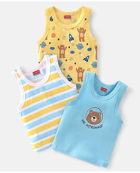 Babyhug 100% Cotton Knit Sleeveless Bear Print Sando Pack of 3 - Multicolour
