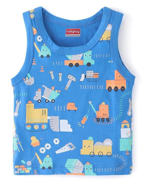 Babyhug 100% Cotton Knit Sleeveless Sando Vehicles Print Pack of 3 - Multicolour