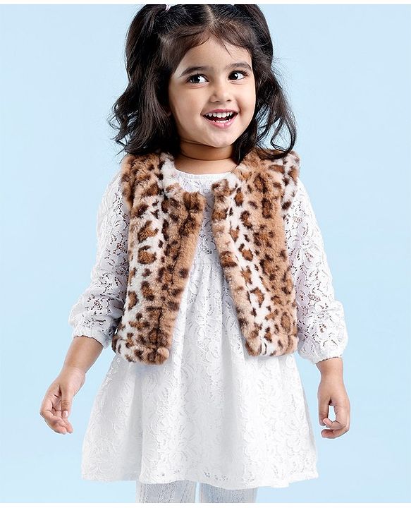Babyhug Woven Full Sleeves Lace Frock with Leopard Design Shrug - White & Brown
