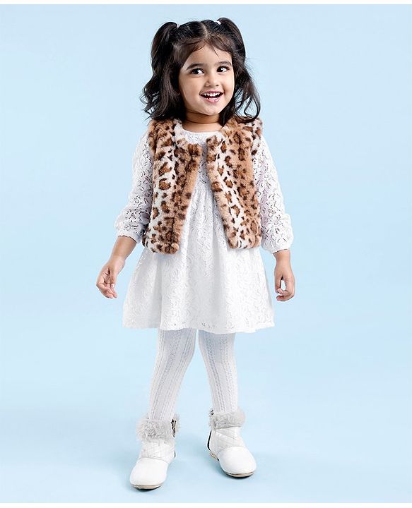 Babyhug Woven Full Sleeves Lace Frock with Leopard Design Shrug - White & Brown