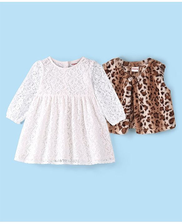 Babyhug Woven Full Sleeves Lace Frock with Leopard Design Shrug - White & Brown