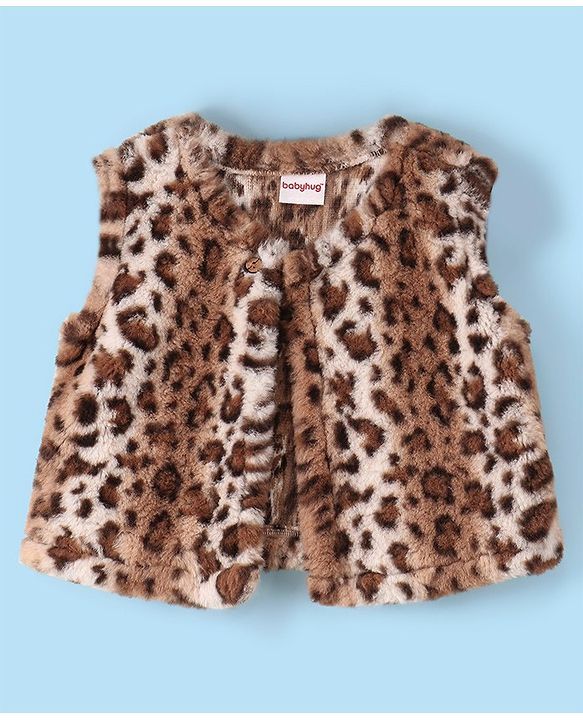 Babyhug Woven Full Sleeves Lace Frock with Leopard Design Shrug - White & Brown