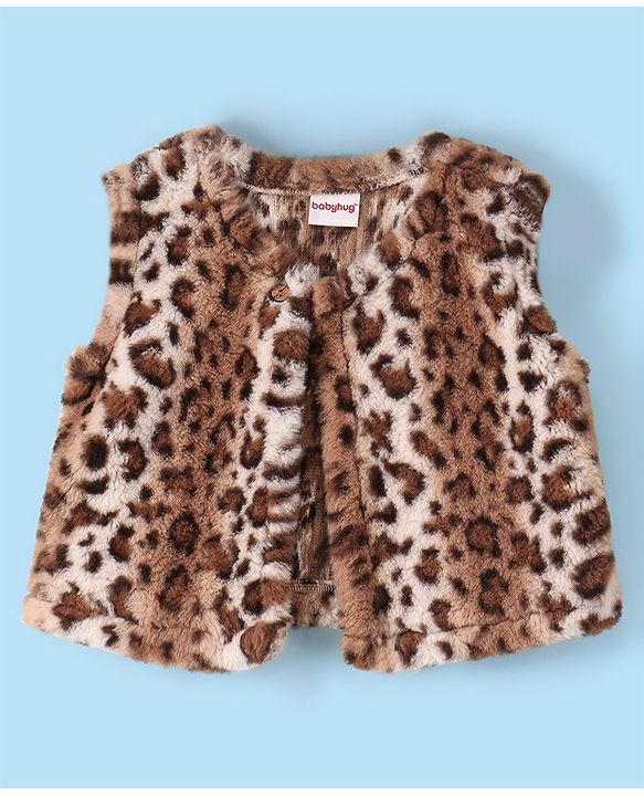 Babyhug Woven Full Sleeves Lace Frock with Leopard Design Shrug - White & Brown