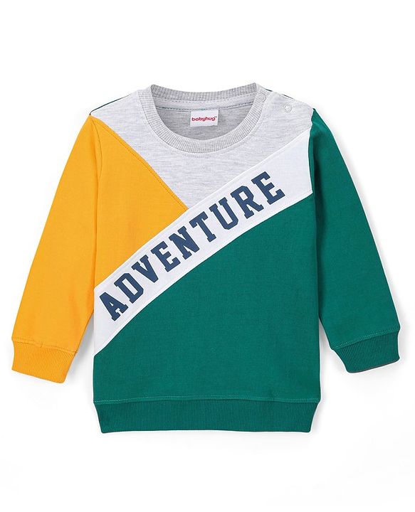 Babyhug Cotton Knit Full Sleeves Cut & Sew Sweatshirt With Text Graphics - Green & Yellow