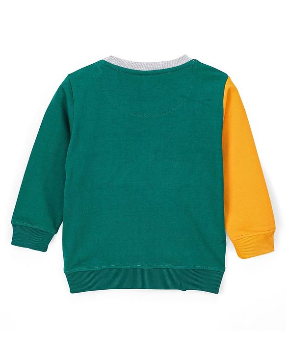 Babyhug Cotton Knit Full Sleeves Cut & Sew Sweatshirt With Text Graphics - Green & Yellow