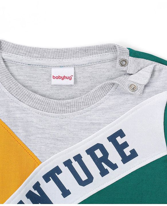 Babyhug Cotton Knit Full Sleeves Cut & Sew Sweatshirt With Text Graphics - Green & Yellow