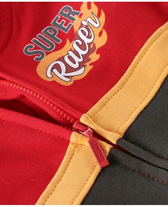 Babyhug Full Sleeves Super Racer Printed Sweatjacket with Zipper & Hood - Red