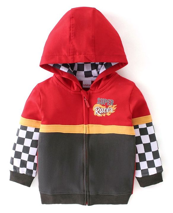 Babyhug Full Sleeves Super Racer Printed Sweatjacket with Zipper & Hood - Red