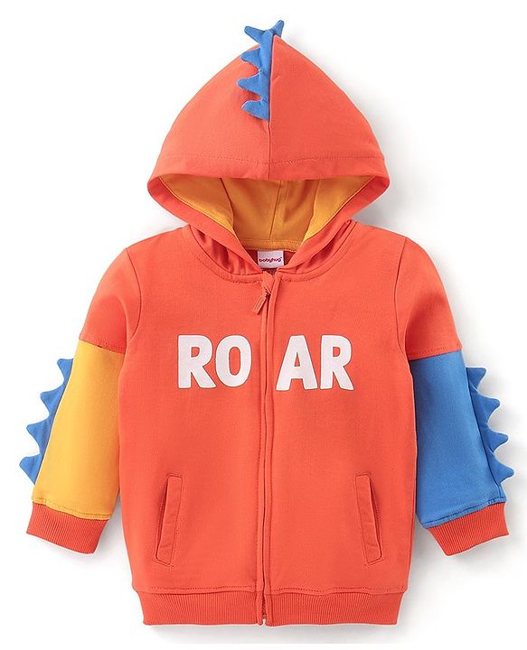Babyhug Cotton Knit Full Sleeves Woven Sweatjacket Dino Design - Orange