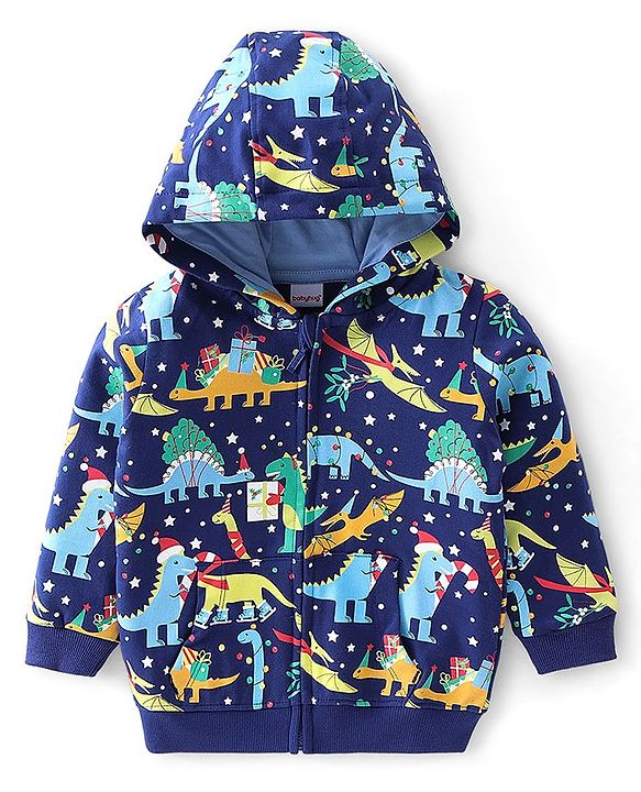 Babyhug Cotton Knit Full Sleeves Sweatjacket With Zipper & Hood Dino Print - Blue