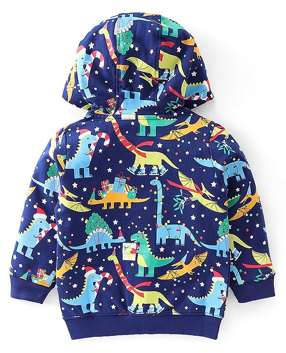 Babyhug Cotton Knit Full Sleeves Sweatjacket With Zipper & Hood Dino Print - Blue