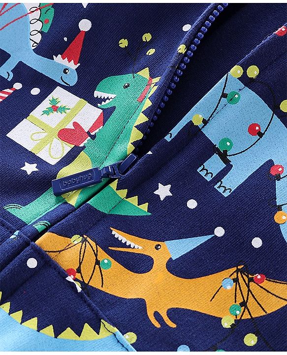 Babyhug Cotton Knit Full Sleeves Sweatjacket With Zipper & Hood Dino Print - Blue
