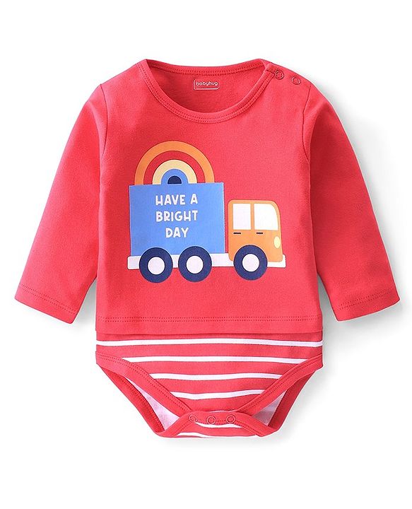 Babyhug 100% Cotton Full Sleeves Onesies With Truck Print - Red