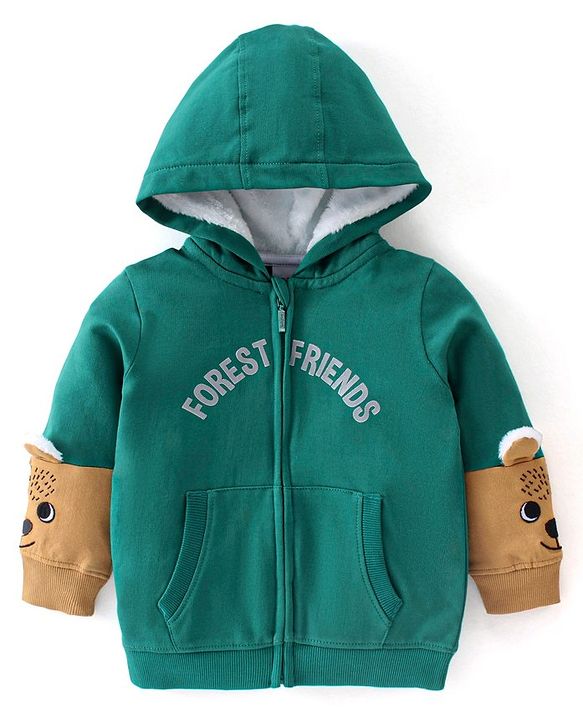 Babyhug Full Sleeves Sweatjacket with Zipper Hood & Fur Detailing on Sleeves - Dark Green