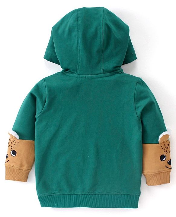Babyhug Full Sleeves Sweatjacket with Zipper Hood & Fur Detailing on Sleeves - Dark Green