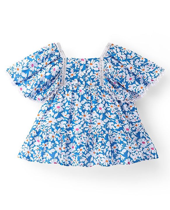 Babyhug Woven Crinkled Rayon Half Sleeves Frock With Lace Detailing Floral Print - Blue