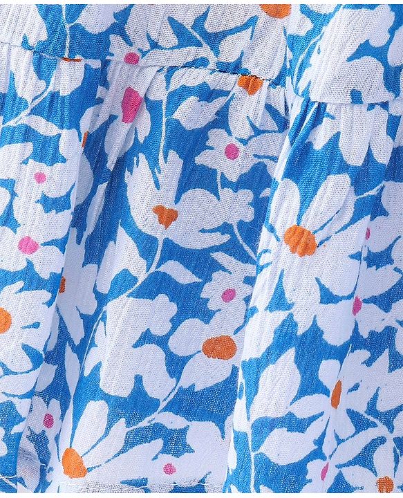 Babyhug Woven Crinkled Rayon Half Sleeves Frock With Lace Detailing Floral Print - Blue