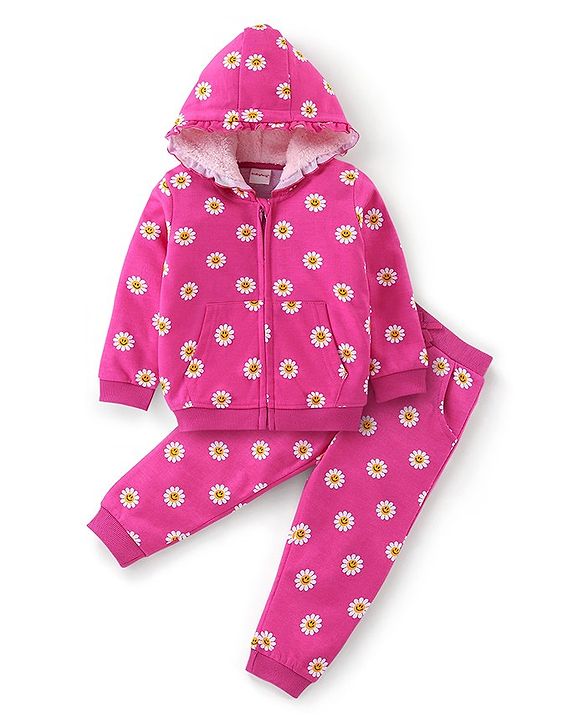 Babyhug 100% Cotton Knit to Knit Full Sleeves Hooded T-Shirt and Lounge Pant Floral Print - Fuchisa