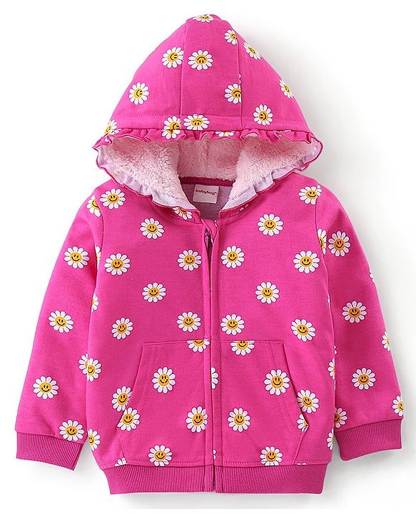 Babyhug 100% Cotton Knit to Knit Full Sleeves Hooded T-Shirt and Lounge Pant Floral Print - Fuchisa