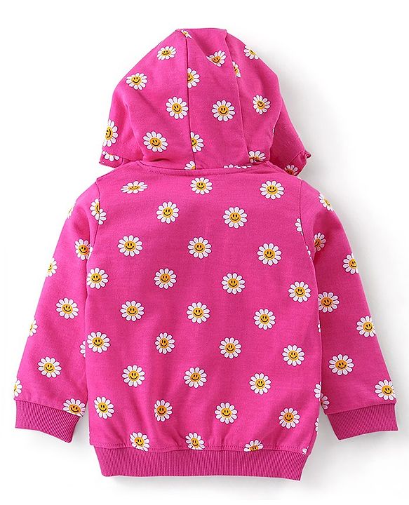 Babyhug 100% Cotton Knit to Knit Full Sleeves Hooded T-Shirt and Lounge Pant Floral Print - Fuchisa