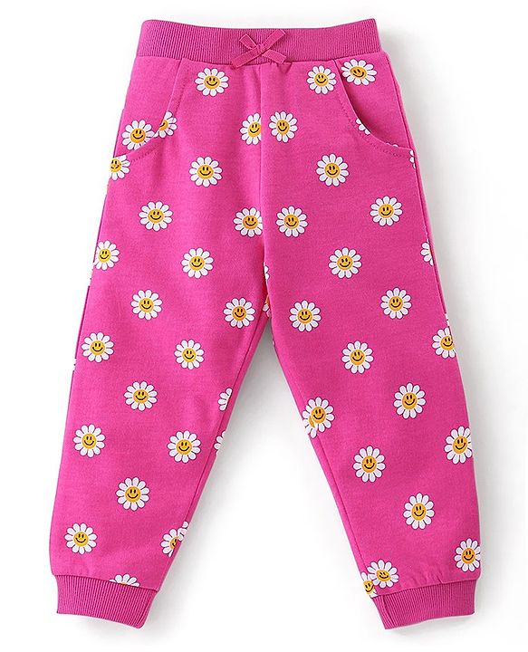 Babyhug 100% Cotton Knit to Knit Full Sleeves Hooded T-Shirt and Lounge Pant Floral Print - Fuchisa