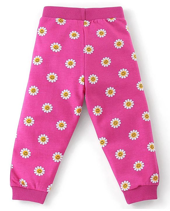 Babyhug 100% Cotton Knit to Knit Full Sleeves Hooded T-Shirt and Lounge Pant Floral Print - Fuchisa